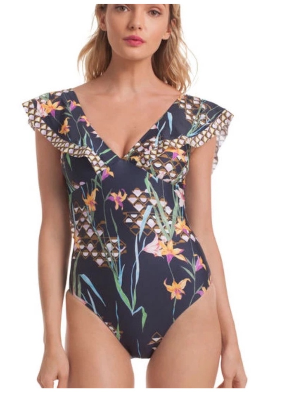 Trina Turk L5935 Fiji Floral Ruffle One Piece Swimsuit Women's Size 12